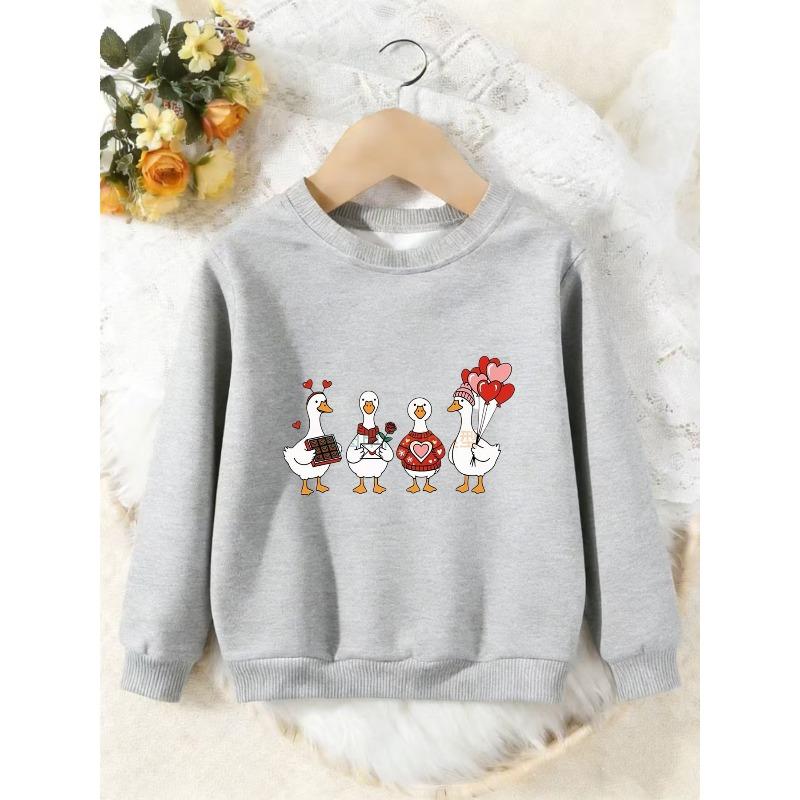Unisex Kids Crewneck Sweatshirt, Cute Cartoon Love Duck Heart Balloon Print Long Sleeve Pullover, Boys Girls Sweatshirt For Kids Over 4 Years Old