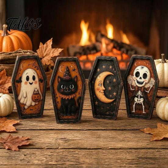 Spooky Fireplace Accents Vintage Halloween Wooden Table Decoration, Rustic Black Cat Ghost Skeleton Pumpkin Decorations Desktop Block Sign for