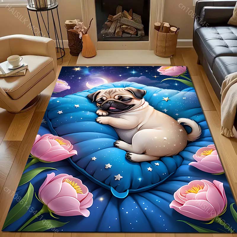 Sleeping Cute Pug Print Carpet for Living Room Bedroom Bedside Sofa Table Floor Mat Home Area Rug Decor for Gifts Large Size