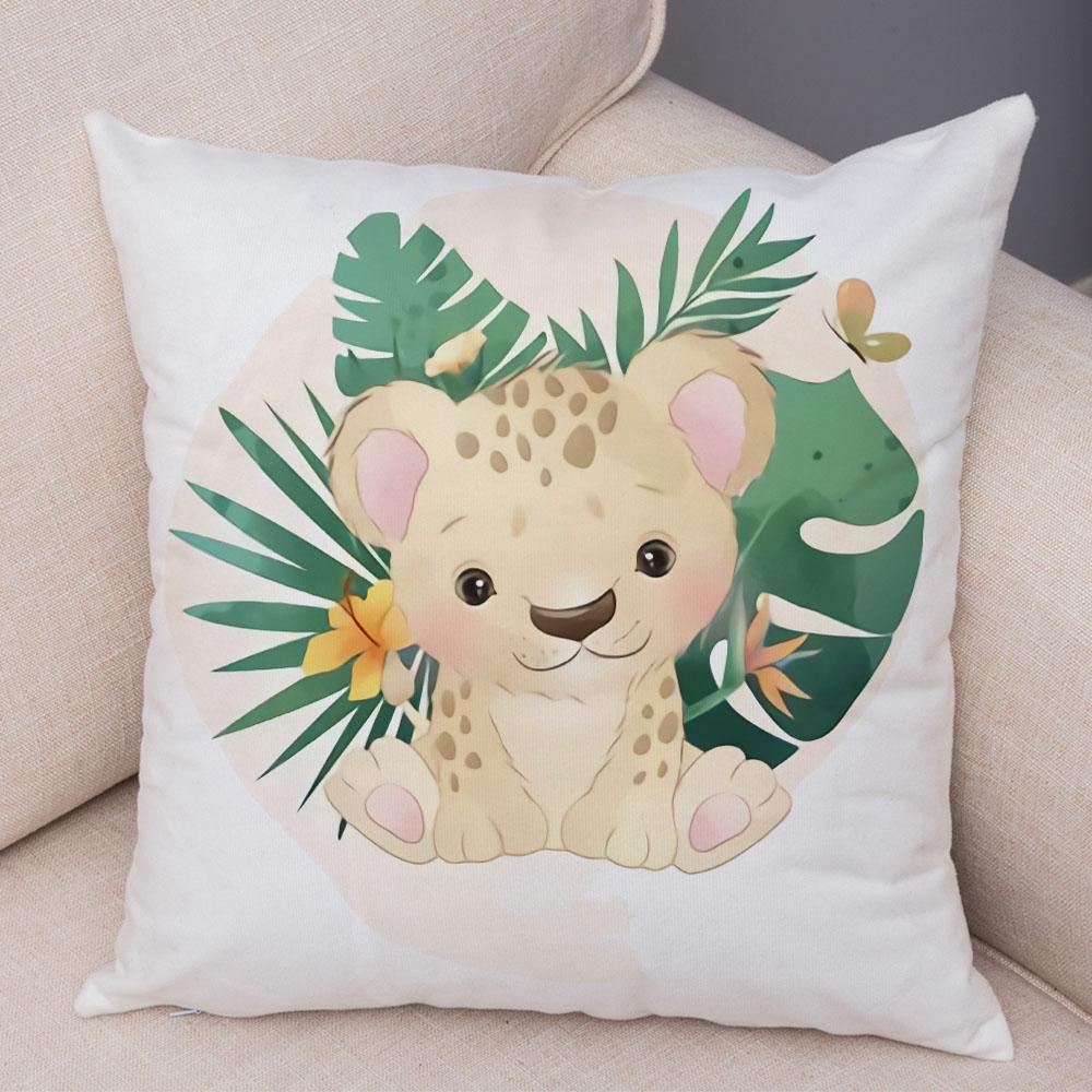 Cartoon Bird and Leaves Pillow Case Decor Cute Animal Lion Cushion Cover for Children Room Sofa Home Plush Pillowcase 45x45cm