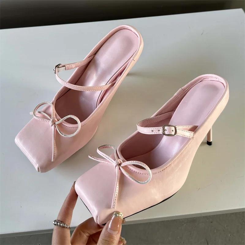 Eilyken Spring Bowknot Square Toe Women Slippers Sexy Buckle Strap Thin High Heels Prom Mule Pumps Shoes Zapatos De Mujer