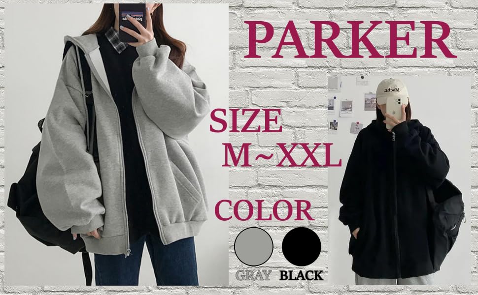 Ririka Basic Casual Fit Size Women's Zip-Up Hoodie, Oversized, Fleece-Lined, Gray/Black, (Black, M)