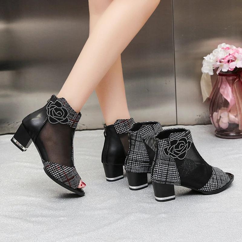 Women's Shoes  Fashion Fish Mouth Women's Sandals Summer Breathable Mesh Zipper Mixed Colors Dress Chunky Heels Sandals