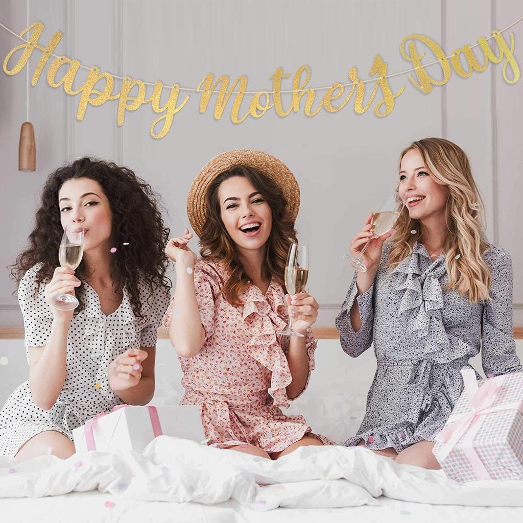 Happy Mother's Day Decorations Banner - NO DIY - Gold Glitter Mothers Day Party Supplies Decorations Backdrop Garland Love Decor for Mom Photo Props