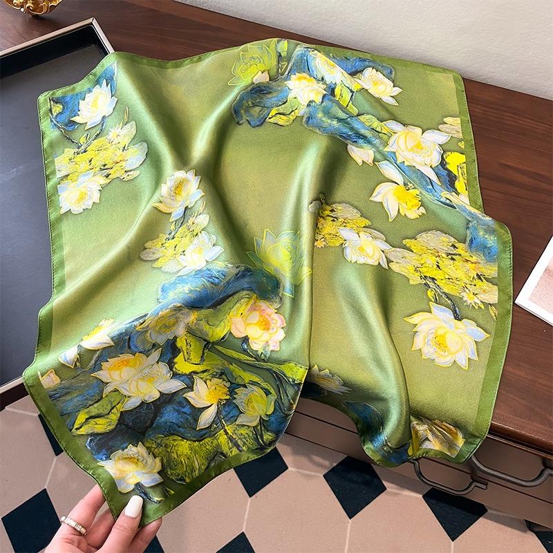 New Silk Silk Scarf Women's Spring Fashion Elegant Peony Plain Crepe Satin Silk Scarf 100% Mulberry Silk Square Scarf 53 Silk Scarf