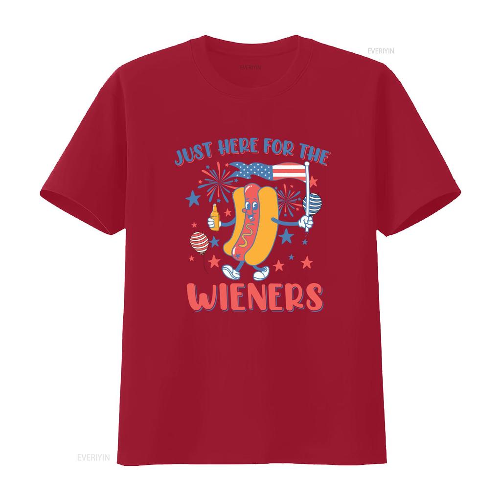 Retro Funny Th of July Just Here For The Wieners Hot Dog Patriotic Print Casual T Shirt Vintage Washed Soft Unisex Stylish