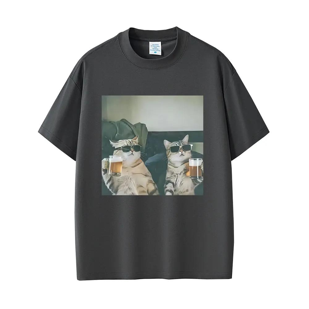Cool Kočka Pijící Pivo Vtipné Emodži Tričko Pánské Ležérní Bavlněné Retro Tričko s Krátkým Rukávem Pánská Móda Tričko s Kulatým Výstřihem Topy