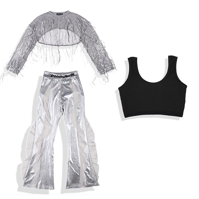 Girls' Sequin Tassel Jazz Dance Outfit - Mesh Long Sleeve & Pants Set for Street & Performance