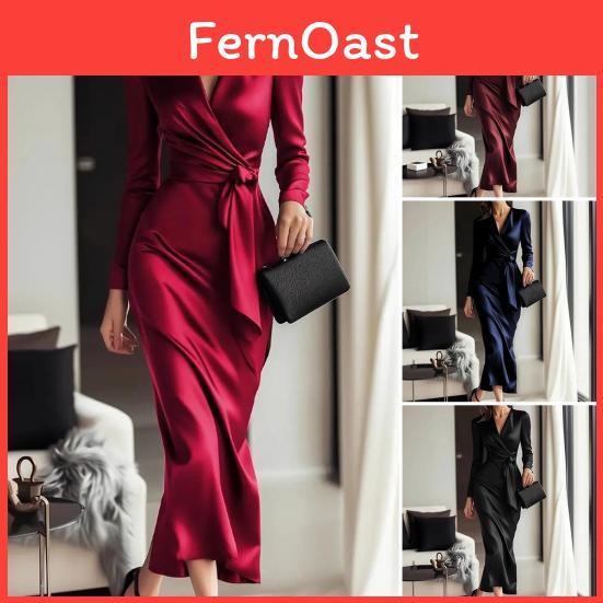 Satin Womens Midi Wrap Silky Dress Long Sleeve Vneck Tie Waist Formal Dress Cocktail Party Wedding Guest Dress