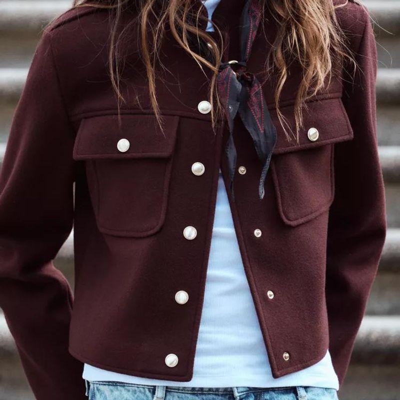 Autumn and Winter New Women clothes Navy Style Stand Collar Single-Breasted Soft Long sleeve Crop jacket Outerwear 3046292