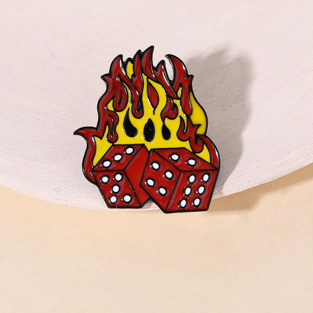 Funny Fire Dice Design Enamel Brooches Red Yellow Colors Metal Pins Backpack Bag Wallet Badge Accessories