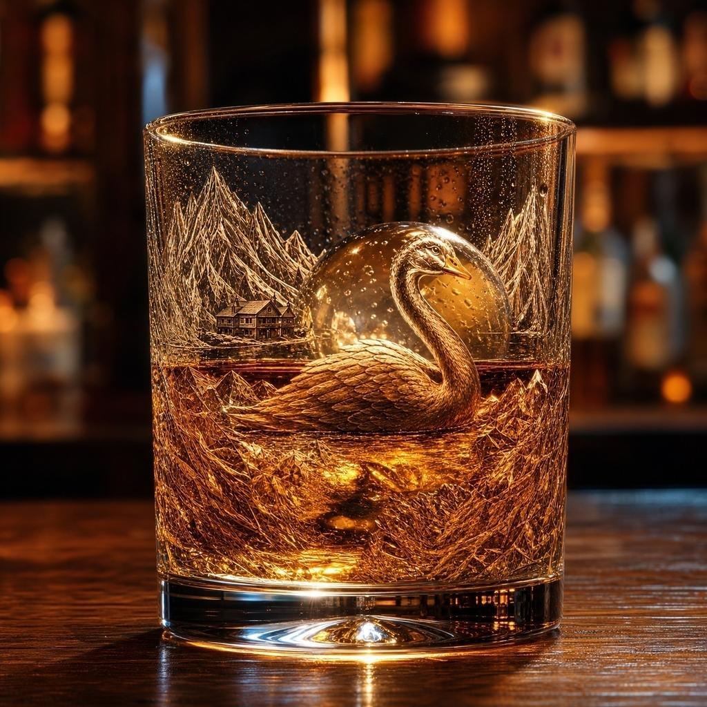 Bicchiere da Whiskey in Vetro con Incisione di Cigno Adatto per Distillati e Cocktail Base Spessa Resistente Trasparente