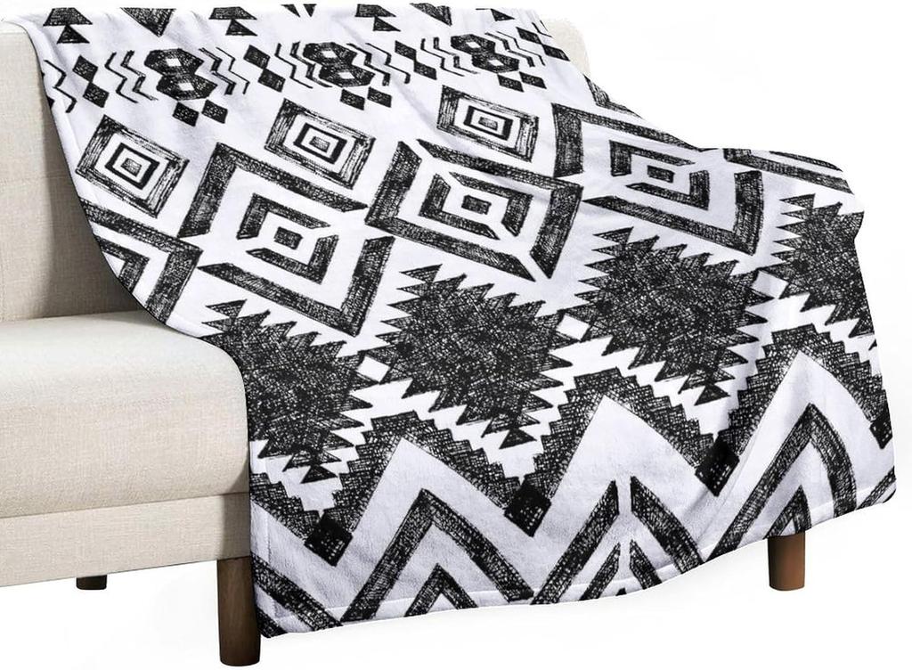 Black White Abstract Geometric Vintage Textured Boho Pattern Print Super Soft Flannel Throw Blanket for Bed Sofa