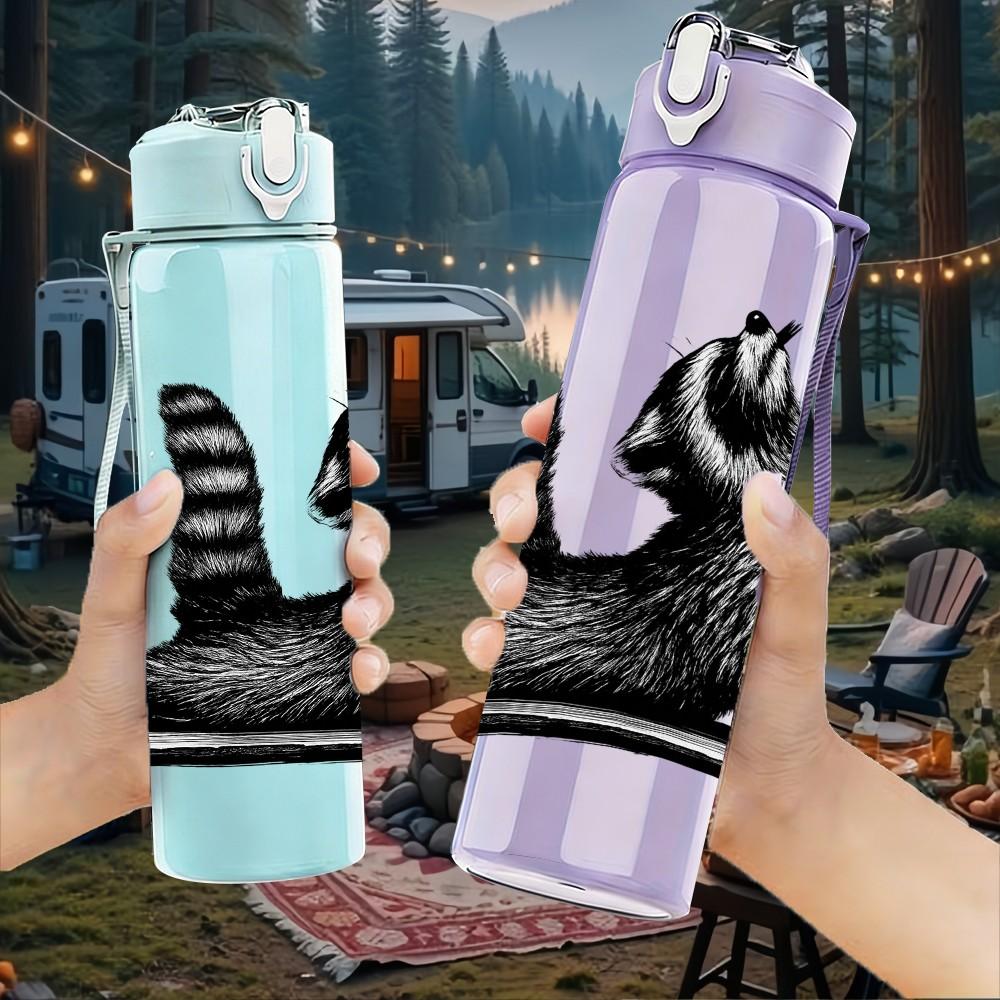 1PC Striped Fluffy Raccoon 750ml Color Plastic Sports Water Bottle Leakproof Flip Straw Lid Suitable for Sports Office Home Use