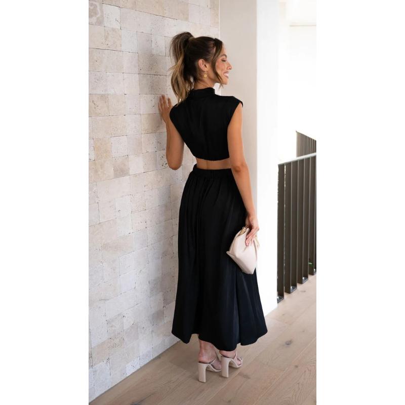 Vestido elegante para mujer, moda informal de verano, Color sólido, sin mangas, vestido sin espalda, vestido largo plisado calado Sexy para mujer