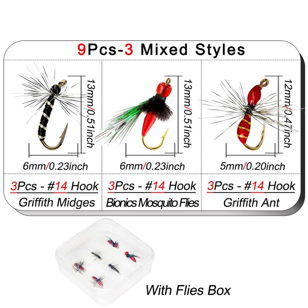 9Pieces/Box Mini bait fly hook, Mosquito Flies, Griffith Midges and Griffith Ant Fly Fishing Bait-Fishing for Trout/Perch-3 Mixed Styles-Hook Size #14