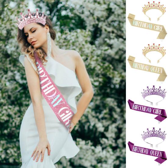 1 Set Crown Headgear Vivid Color Stunning Visual Effect Plastic Crown Headgear Decoration with Birthday Sash Set Birthday Gift