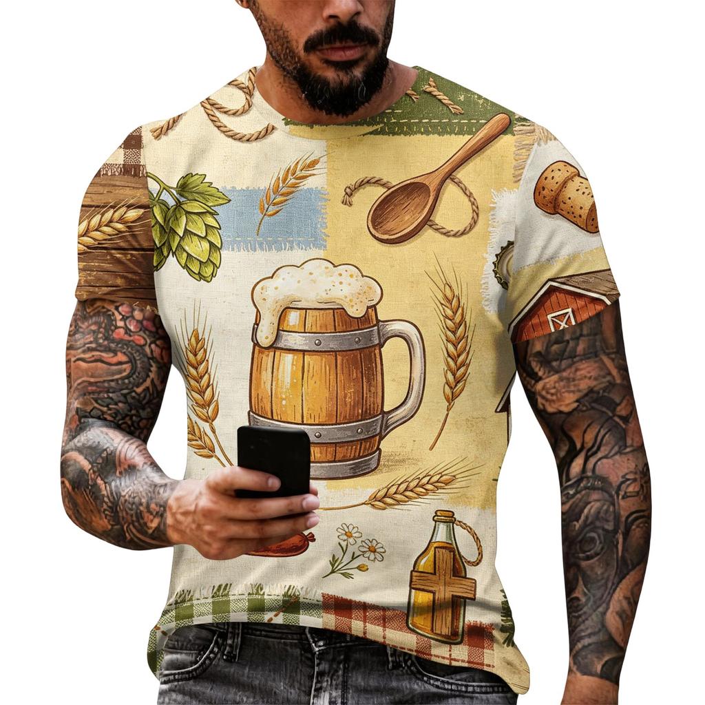 Men's Vintage Texture Print Short Sleeve T Shirt Loose Fit Casual Summer Daily Wear Top with Beer Mug and Brewing Elements Graphic Design