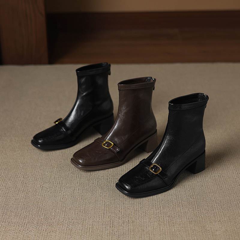 Krazing Pot Microfiber Square Toe Thick Heels Chelsea Boots Size 42 Zip Women Metal Buckle Elastic Ankle Boots