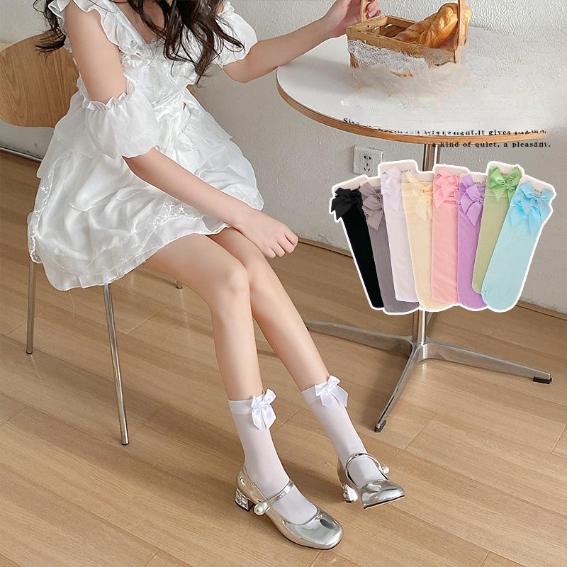 

Bow Socks Spring/Summer Thin Mid-calf Socks Velvet Ice Silk Candy-colored Dui Dui Lolita Thigh-high Socks 1 pair сірий колір
