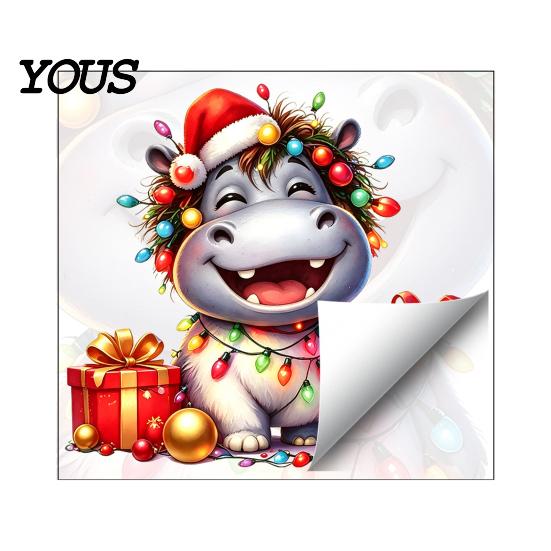 Self Adhesive Bathroom Glass Film Cartoon Hippo Christmas Wall Decal, Cute Sticker with Colorful Lights & Decorative Stickers for Balcony Xmas Balls,