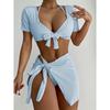 Solid Color Swimsuit Women 4-Piece Bikini Sexy Beach Skirt Bathing Suit Short Sleeve Swimwear High Waist Summer Beachwear