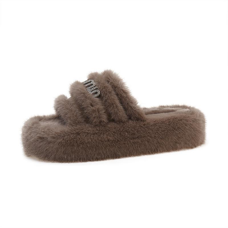 Stylish Casual Rhinestone Slippers Women's 2025 New Outer Wear One-word Fluffy Mop Autumn and Winter Wear Warm Thick-bottomed Cotton Mop