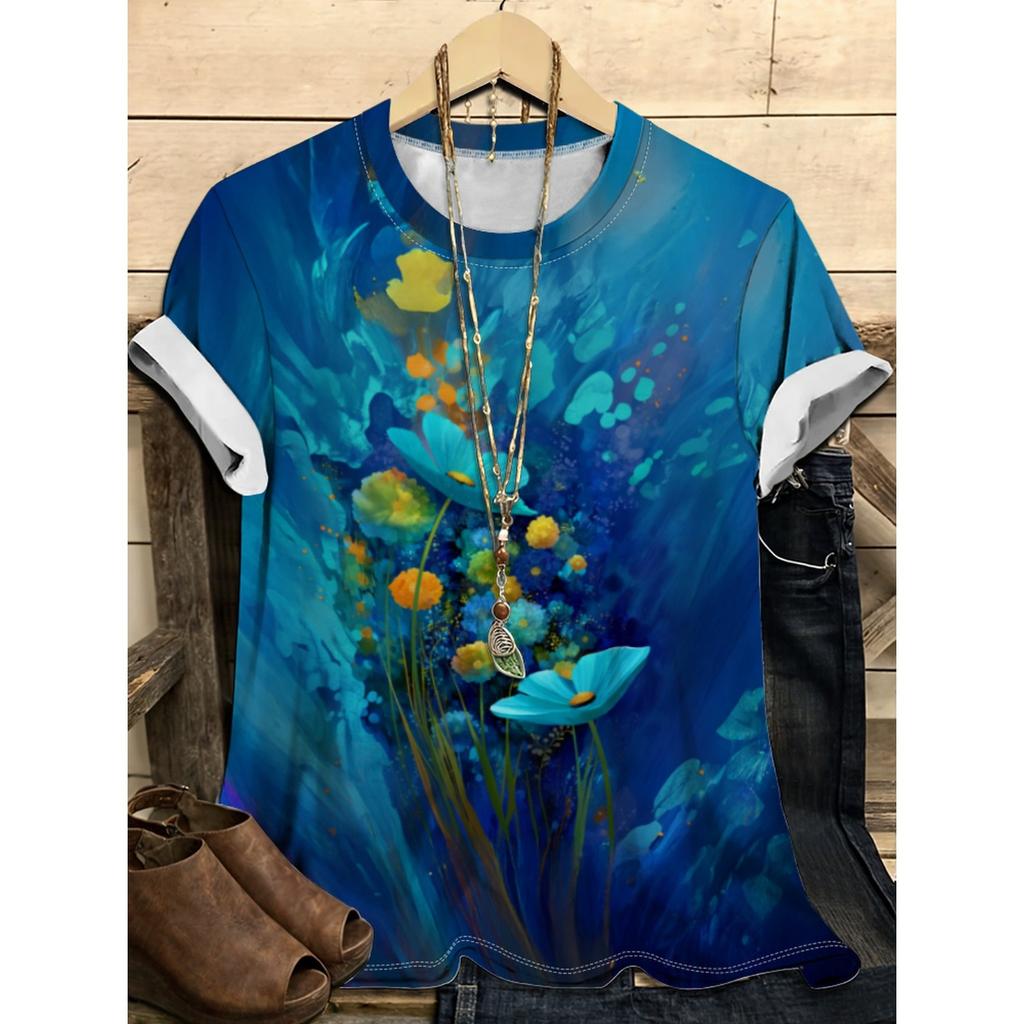 Summer Round Neck Flower Pattern 3D Print Top Fashionable Casual Short Sleeved Women's T-shirts