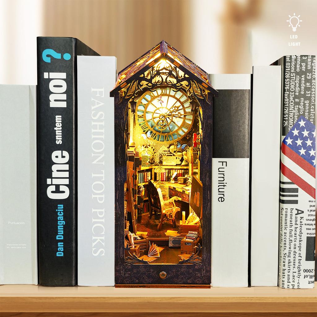 DIY Book Nook Kit 3D Vintage Miniature Bookshelf Scene Wooden Puzzle Bookshelf Decor with LED Light Miniature Dollhouse Model