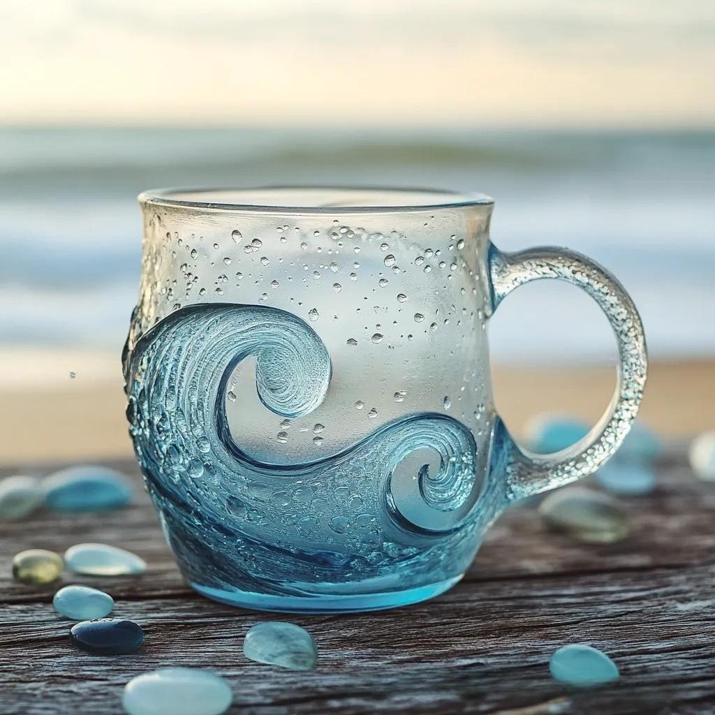 Ocean Themed Glass Coffee Mug With Sea Wave Design For Beach Bar Workplace Travel Use Unique Handmade Gift Idea