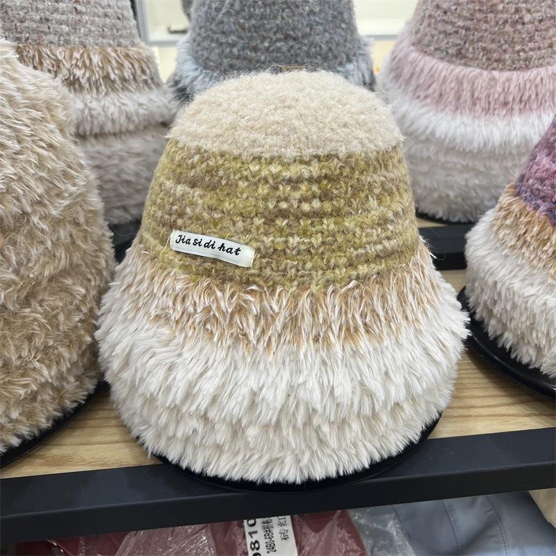 

Sweet rainbow striped wool bucket hat women s winter warm fashion show face small knitted beard basin hat M（56-58cm）