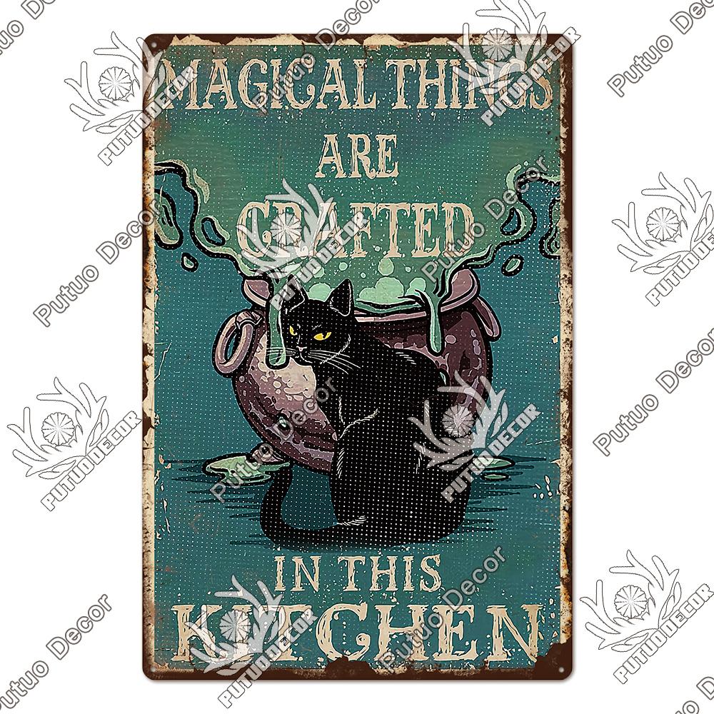 Putuo Decor Cute Black Cat Vintaget Plaque Metal Sign Vintage Tin Sign Poster Decoration for Living Room Barthroom Wall Decor