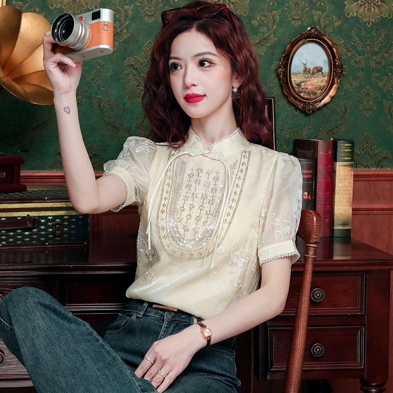 Nová móda Čínský styl Letní Krátký rukáv Stojáček Korálkování Výšivka Šifonová halenka Košile Dámské topy J375