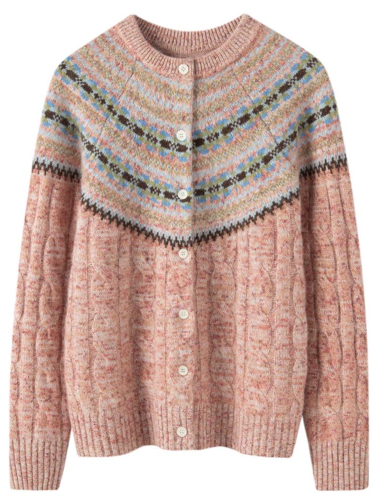 Women's Fair Isle Intarsia Cashmere Cardigan - Autumn/Winter 2026: Round Neck, Loose Slimming, Single-Breasted Warm Outerwear