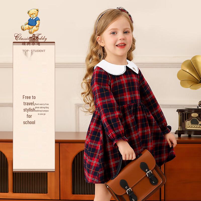 Classic Teddy Girls' Long Sleeve Plaid Princess Dress