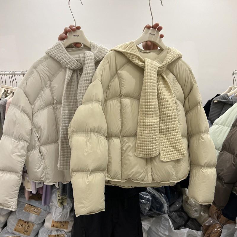 Korean Style Short Puffer Jacket With Knit Hood Womens Winter Warm Loose Thick Down Coat