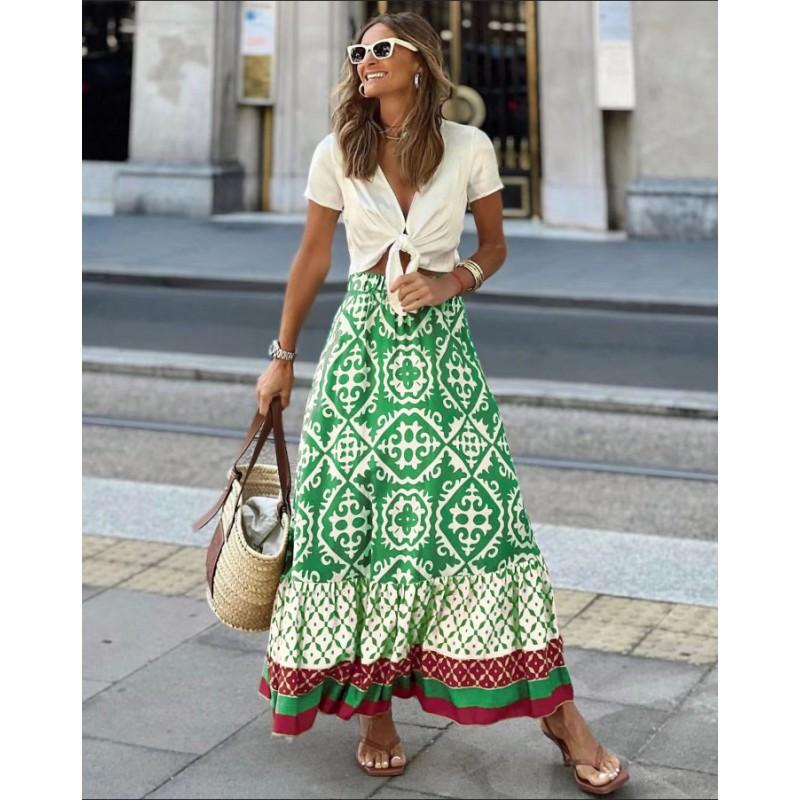 Womens Printed High Waist Flared Midi Skirt Loose Casual A-line Daily Dating