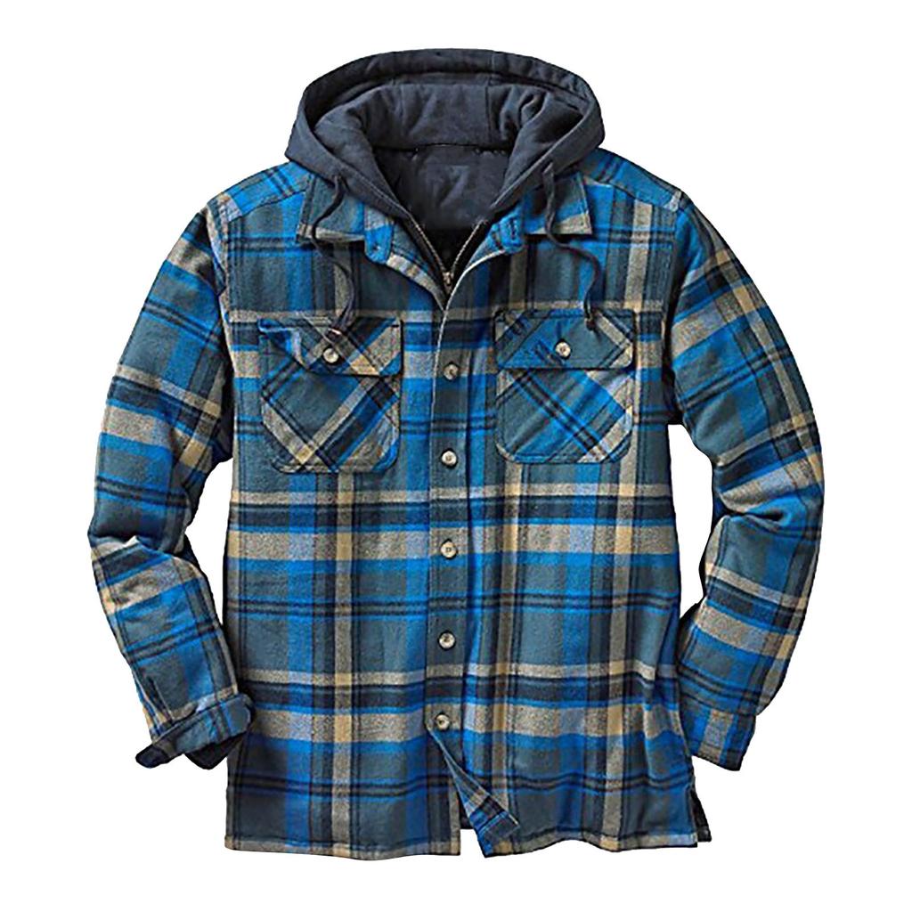 Men's Quilted Lined Button Down Plaid  Shirt Add Velvet To Keep Warm  Jacket With Hood