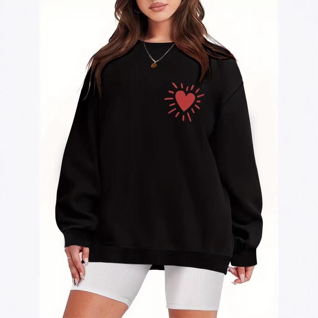 European & American Heart Print Round Neck Long Sleeve Women's Casual Velvet Hoodie - Loose Fit, Trendsetter Style.