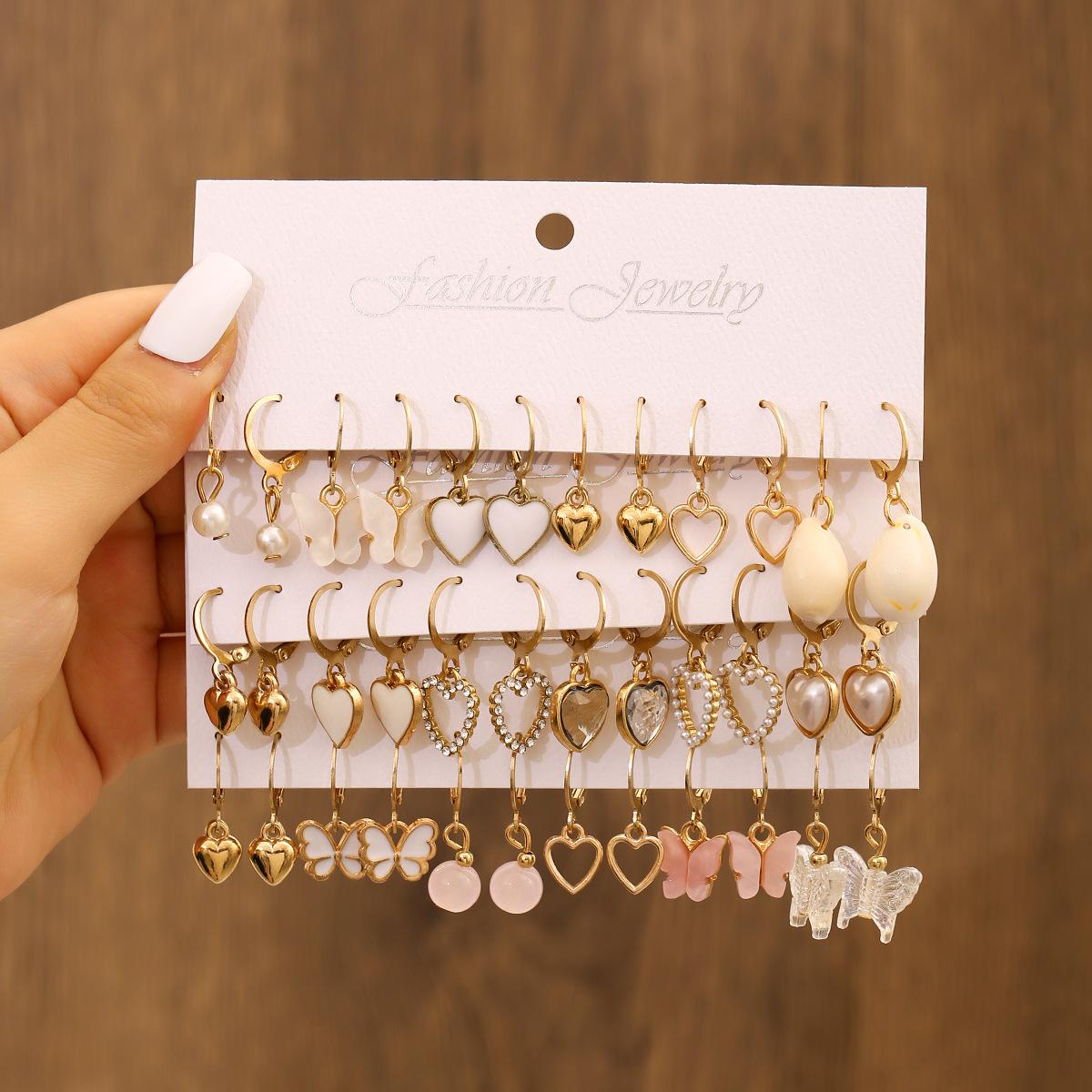 Stylish and simple love butterfly earrings set, pearl rhinestone earrings, versatile metal earrings, earrings.