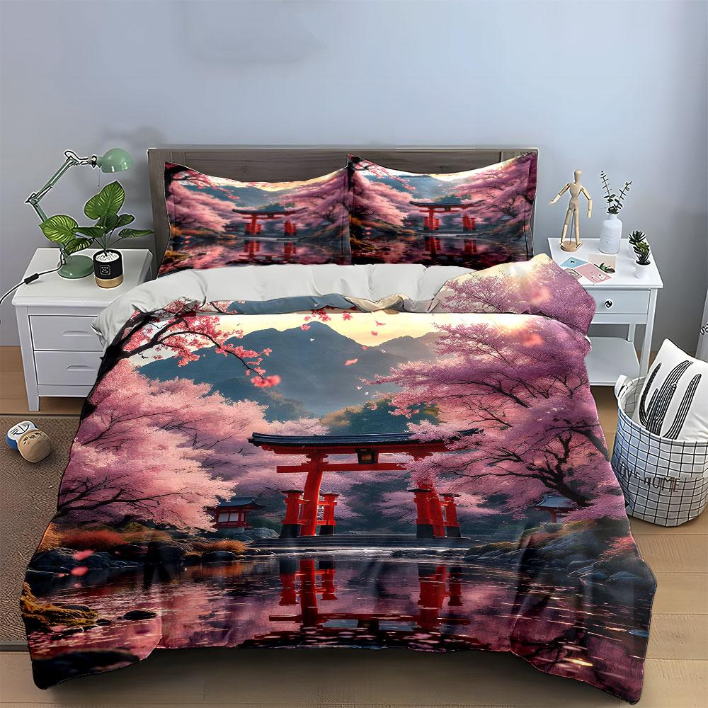Cherry Blossom Landscape Decor Set Multiple Sizes Kid'S And Adults' Bedroom Exquisite 3Pc Bedding Set, Gift