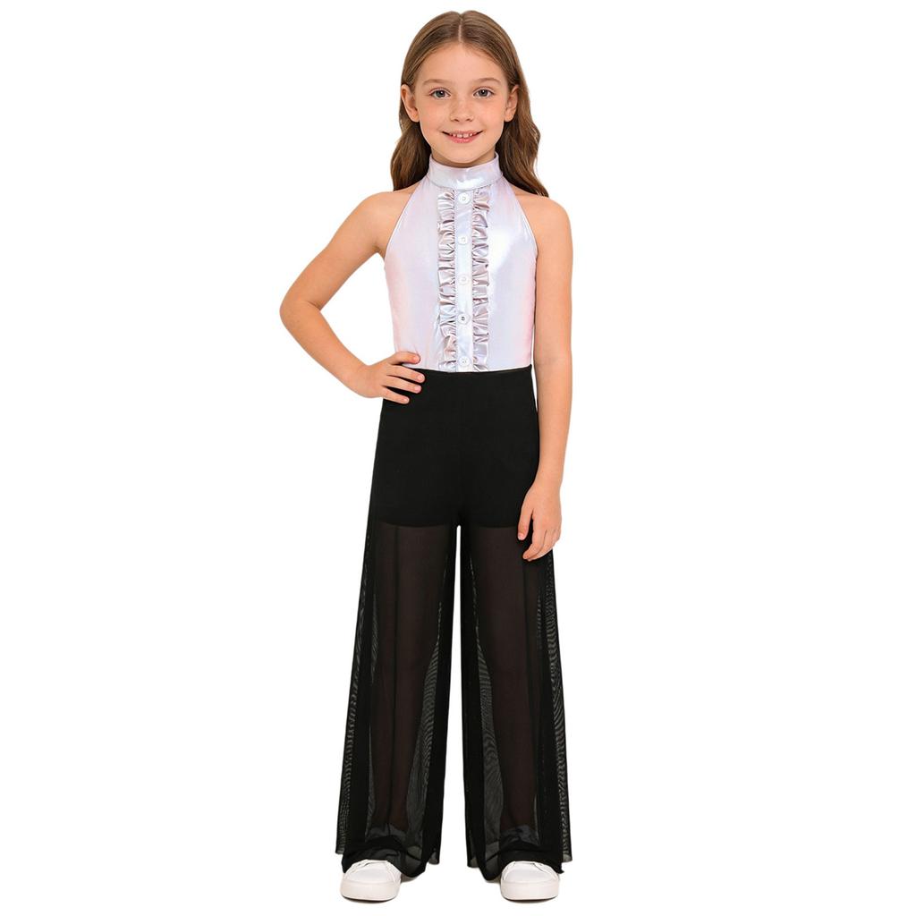 Meisjes Mock Neck Mouwloze Jumpsuit Metallic Bodice Ruches Wijde Pijp Rits aan de Achterkant Jazzdans Kostuum