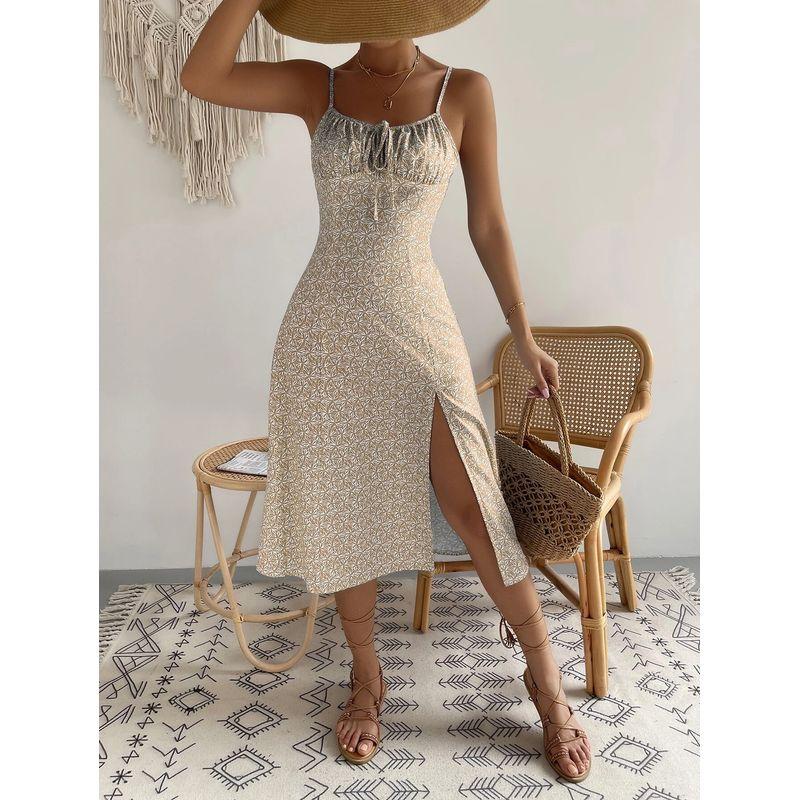 

Sweet Summer off-Neck Sexy Adjustable Sling Backless Slim fit Split Mid-Length Sling Dress Vacation Skirt Khaki L