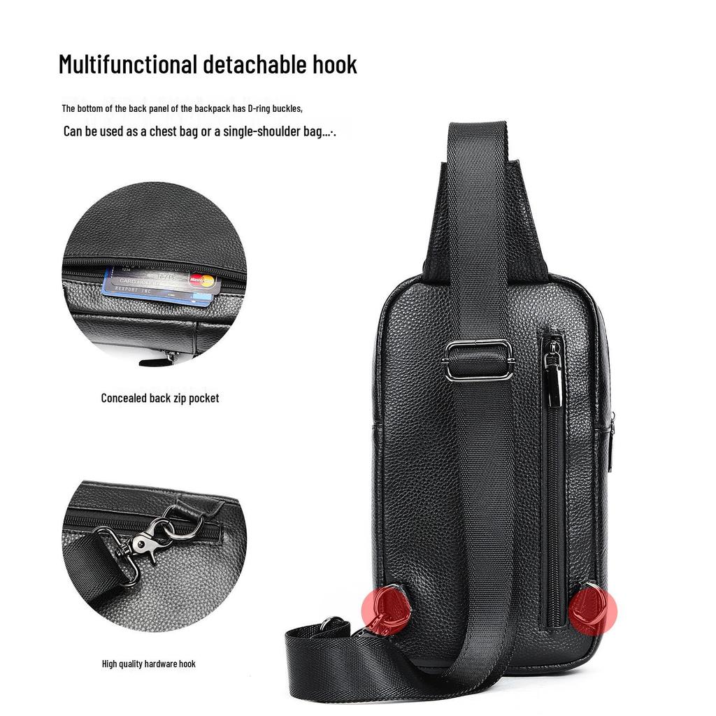 Malunt Men's Genuine Leather Crossbody Chest Bag, High-End Korean Style, Trendy Cowhide Small Backpack.