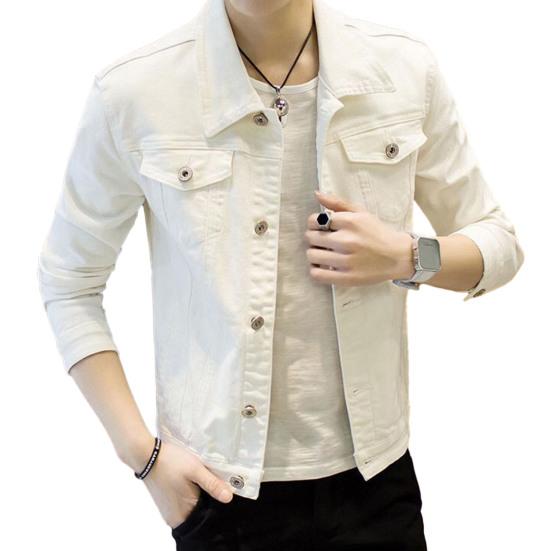 Men Spring Autumn Denim Jacket Solid Color Turn-down Collar Long Sleeve Slim Fit