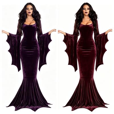 Witchy Costume Morticia Addams Long Train Fishtail Dress Halloween Terror Dark Outfit Gothic Gown Robe Bat Sleeve Horror Women
