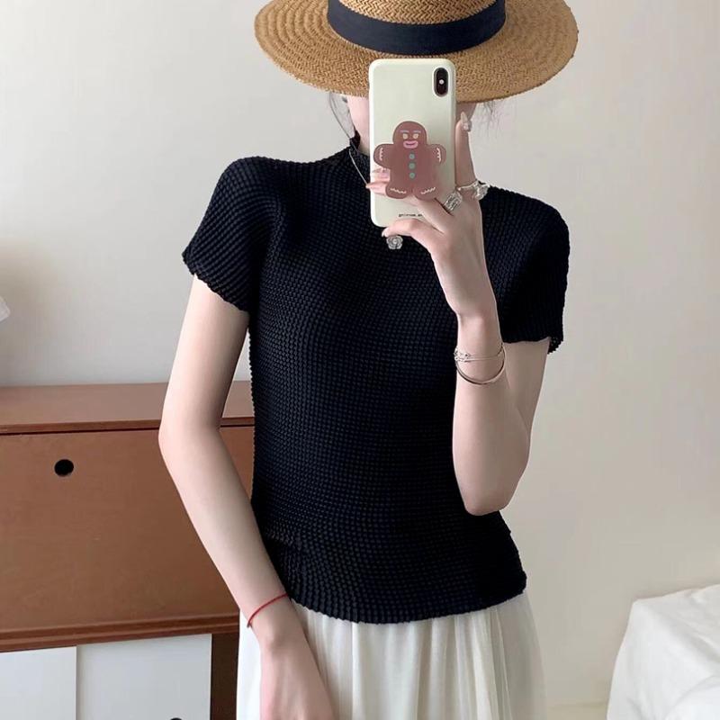 Top Estivo Magico Casual Sottile da Donna Vintage Stropicciato Manica Corta Collo Alto Aderente