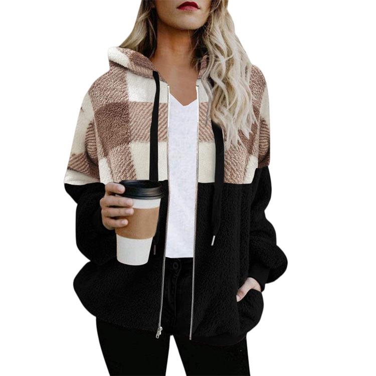 Plaid Color Block Plush Hooded Zipper Sweatshirt Jacket – Autumn/Winter Collection
