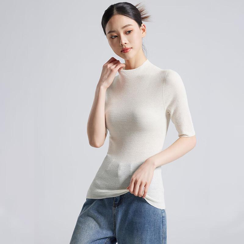 Fengxun Women's Silk Blend Stand Collar Mid-Sleeve Knit Top