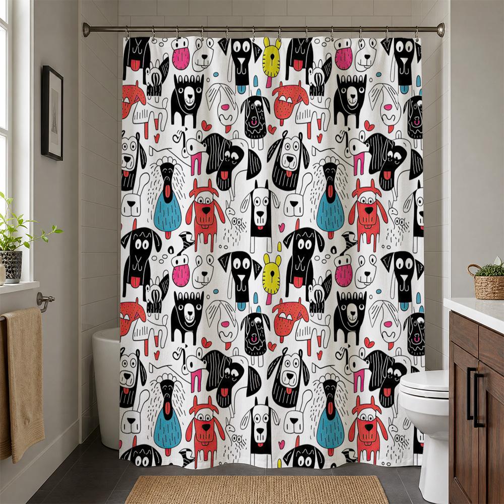 Waterproof Shower Curtain Dog Print Funny Dog Family Cartoon Novelty Bathroom Decor Pet Shower Curtain Liner